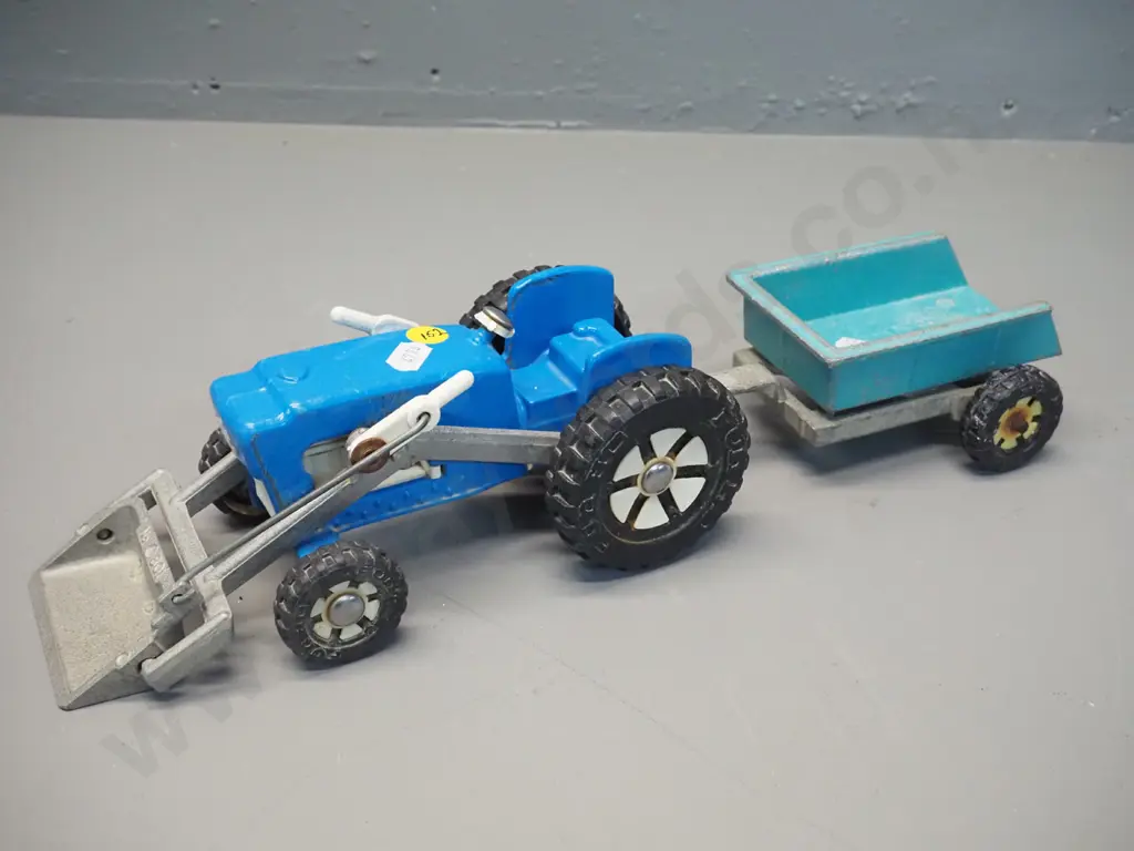 Fun Ho cast metal tractor with front end loader, and trailer in different colour - steering wheel broken off tractor. Image 1++