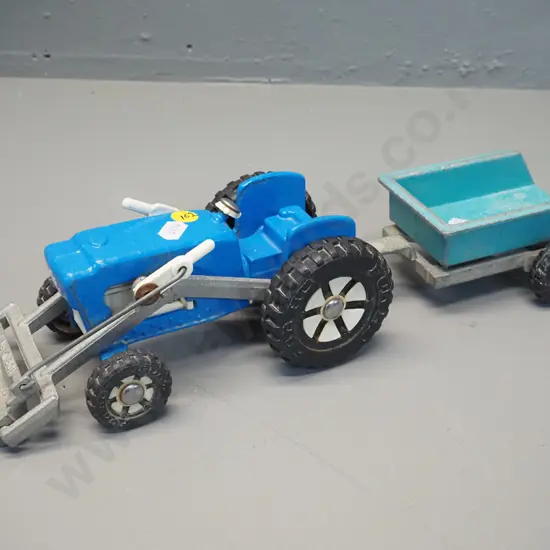 Fun Ho cast metal tractor with front end loader, and trailer in different colour - steering wheel broken off tractor.