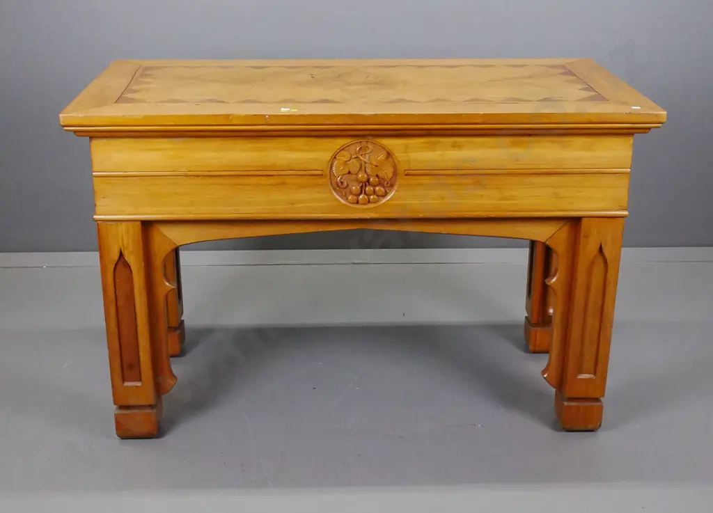 rimu ecclesiastical altar table & matching matching chair - table has mixed timber marquetry & carved detail, 1 drawer, Image 1++