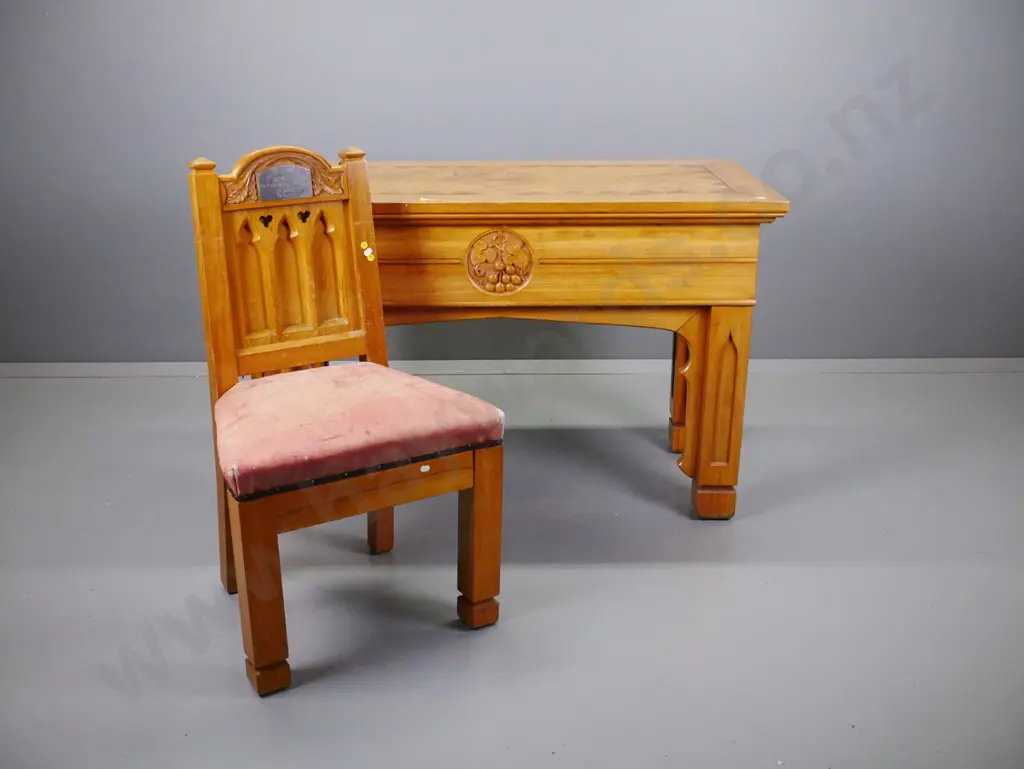 rimu ecclesiastical altar table & matching matching chair - table has mixed timber marquetry & carved detail, 1 drawer, Image 1++