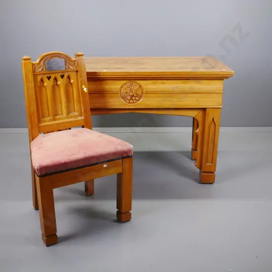 rimu ecclesiastical altar table & matching matching chair - table has mixed timber marquetry & carved detail, 1 drawer,