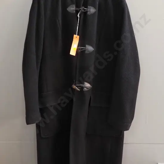 Tanya Carlson black wool & angora duffel coat with leather toggles - size 14