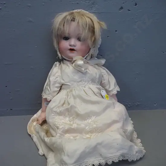 vintage porcelain doll - marked AM 985 7 Germany - some wear,  joints loose etc. L-430