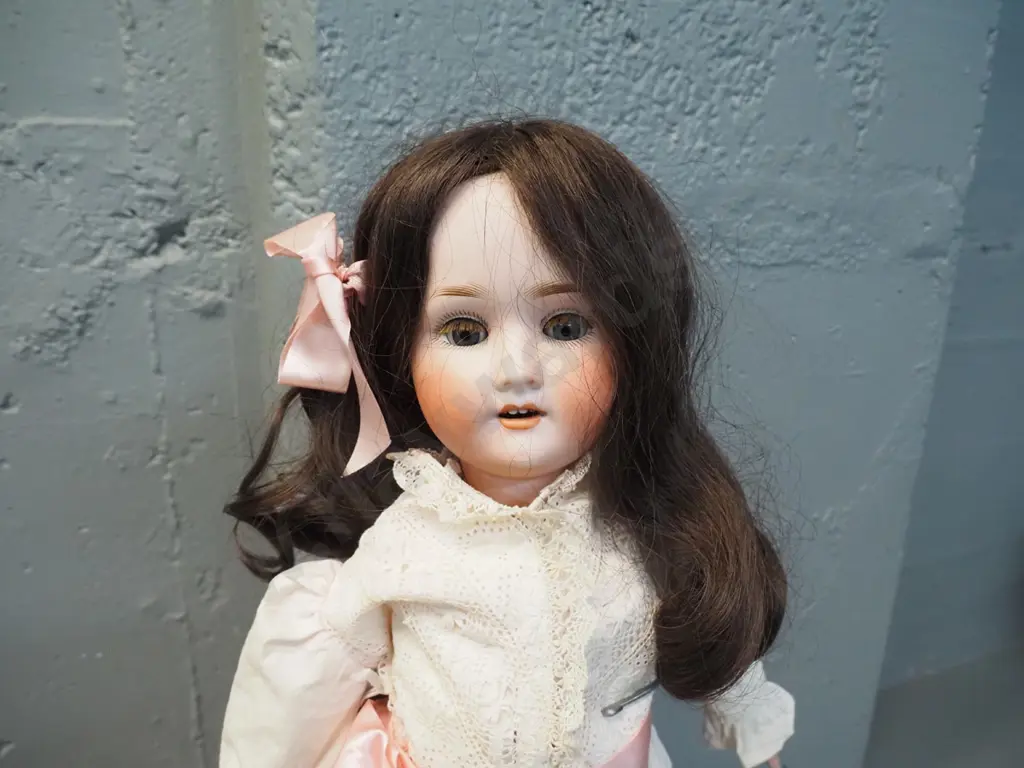 vintage German porcelain headed display doll with parasol marked PB 1909 5 1/2 Germany - with stand H-610 Image 1++