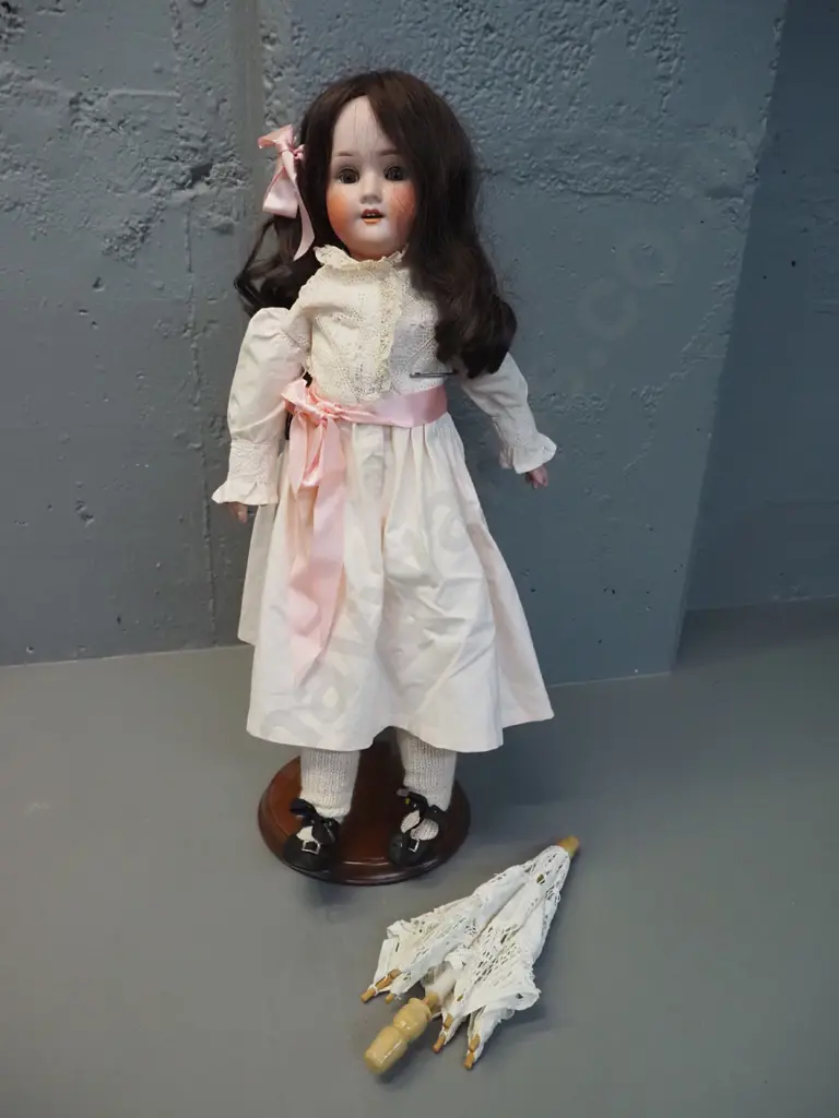 vintage German porcelain headed display doll with parasol marked PB 1909 5 1/2 Germany - with stand H-610 Image 1++