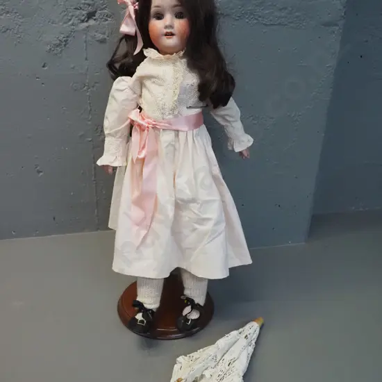 vintage German porcelain headed display doll with parasol marked PB 1909 5 1/2 Germany - with stand H-610