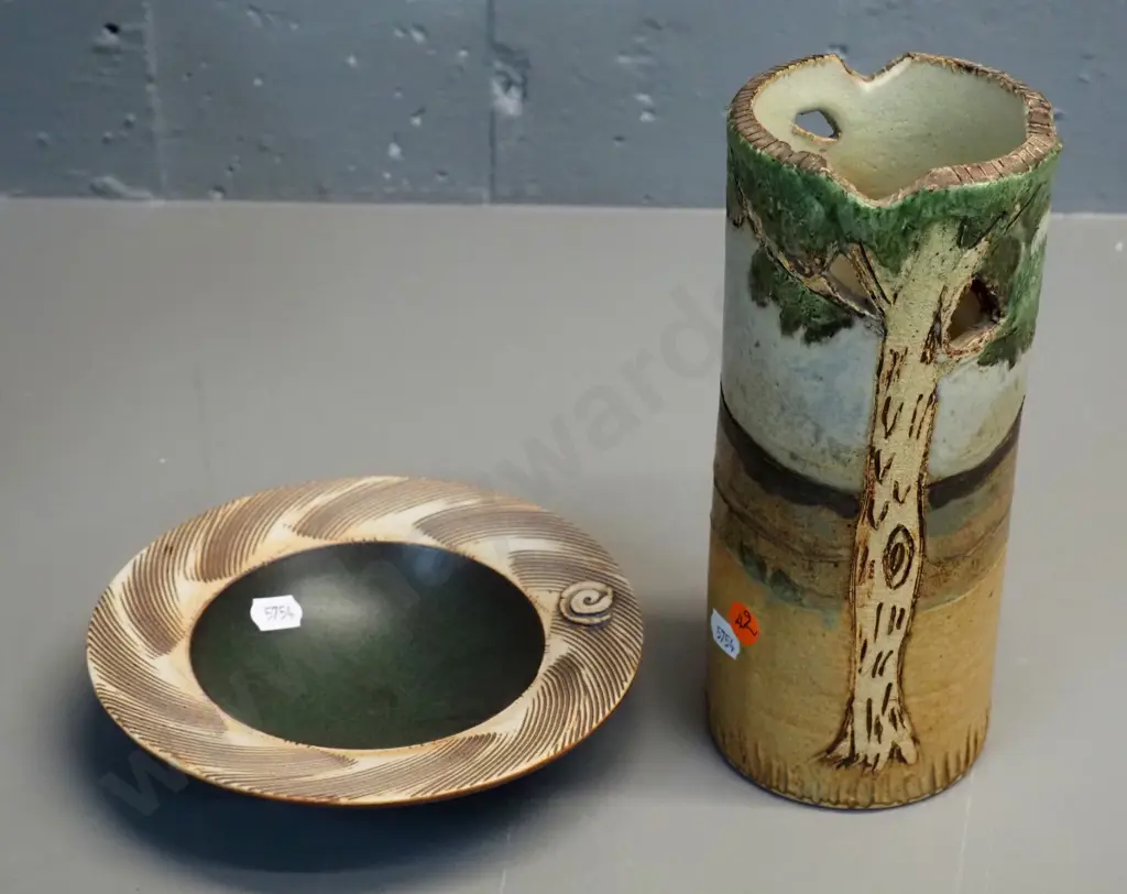 vase with pierced tree design H-220 D-90 with Isobel Spittle label and a studio pottery dish with "PS" mark D-180 Image 1++