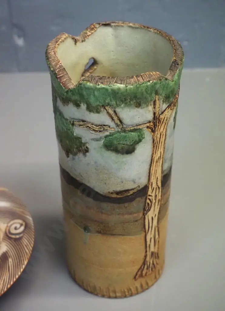 vase with pierced tree design H-220 D-90 with Isobel Spittle label and a studio pottery dish with "PS" mark D-180 Image 1++