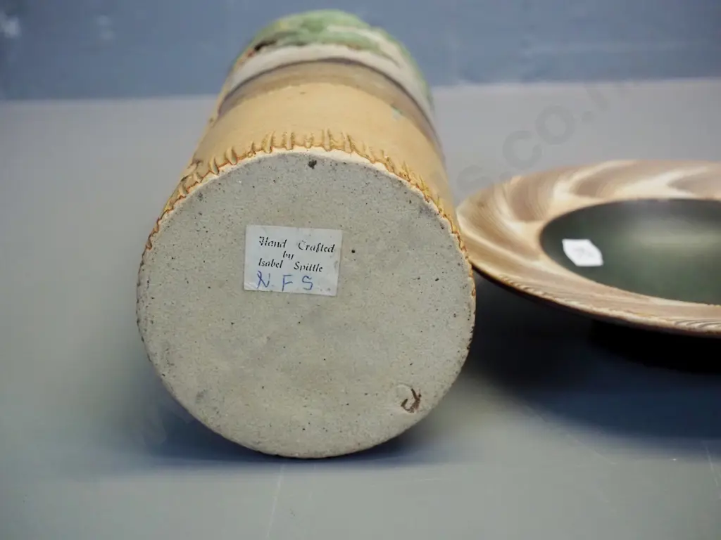 vase with pierced tree design H-220 D-90 with Isobel Spittle label and a studio pottery dish with "PS" mark D-180 Image 1++
