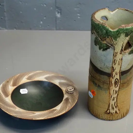 vase with pierced tree design H-220 D-90 with Isobel Spittle label and a studio pottery dish with "PS" mark D-180