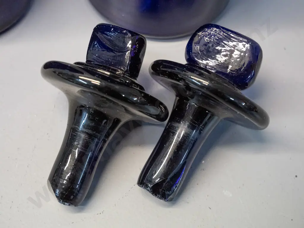 two cobalt blue glass bottles with large stoppers - some chips to inner base of stoppers H240 D90 Image 1++