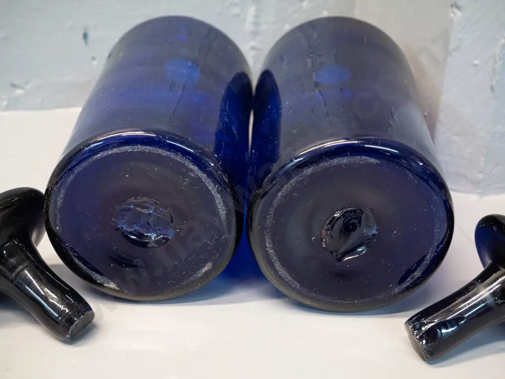 two cobalt blue glass bottles with large stoppers - some chips to inner base of stoppers H240 D90 Image 1++