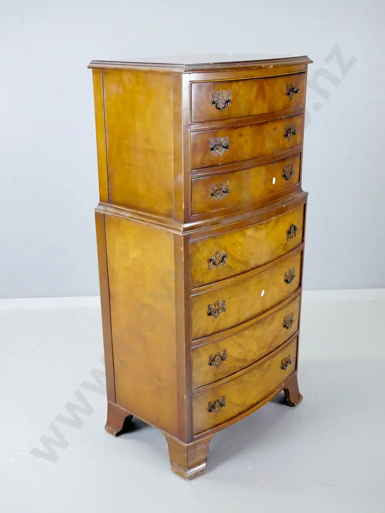 vintage walnut 7-drawer bow-fronted small chest-on-chest with brass handles, on splayed bracket feet, pierced handles, Image 1++