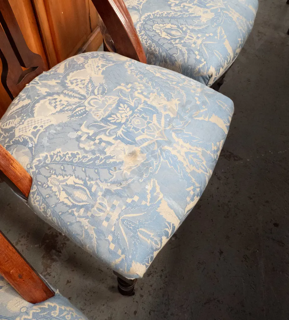 4 Edwardian mahogany and beech saddle-back dining chairs on casters, w/turned front legs, blue patterned fabric H880 Image 1++