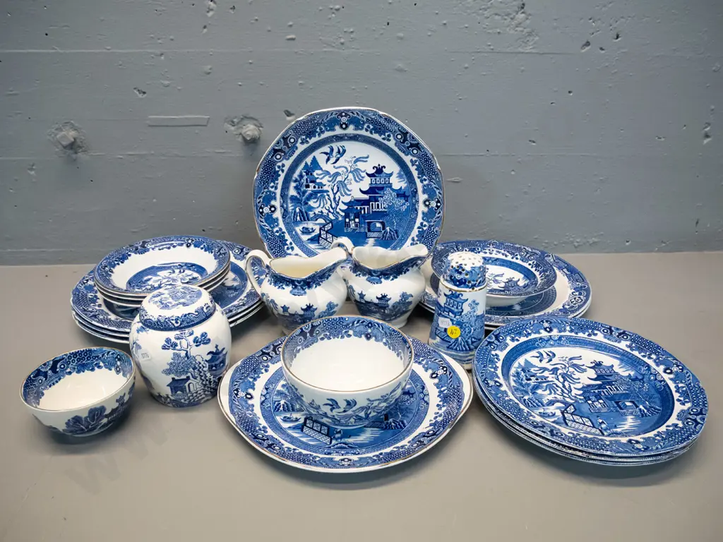 assorted blue & white Willow pattern china - mainly Burleigh, some Woods, Mason etc. - including sugar shaker, 2 jugs, Image 1++