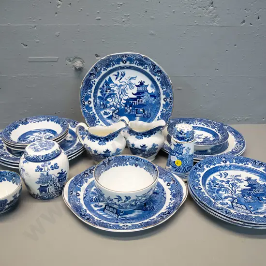 assorted blue & white Willow pattern china - mainly Burleigh, some Woods, Mason etc. - including sugar shaker, 2 jugs,