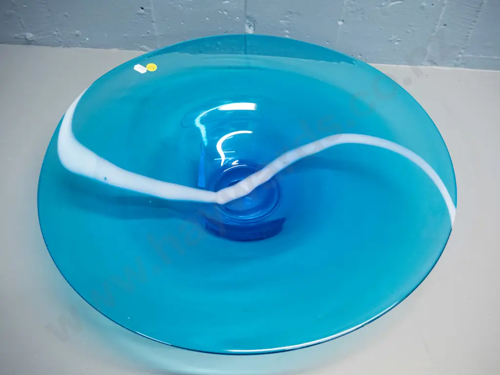 large heavy art glass shallow bowl - blue with white stripe H-90 Diameter 470 Image 1++