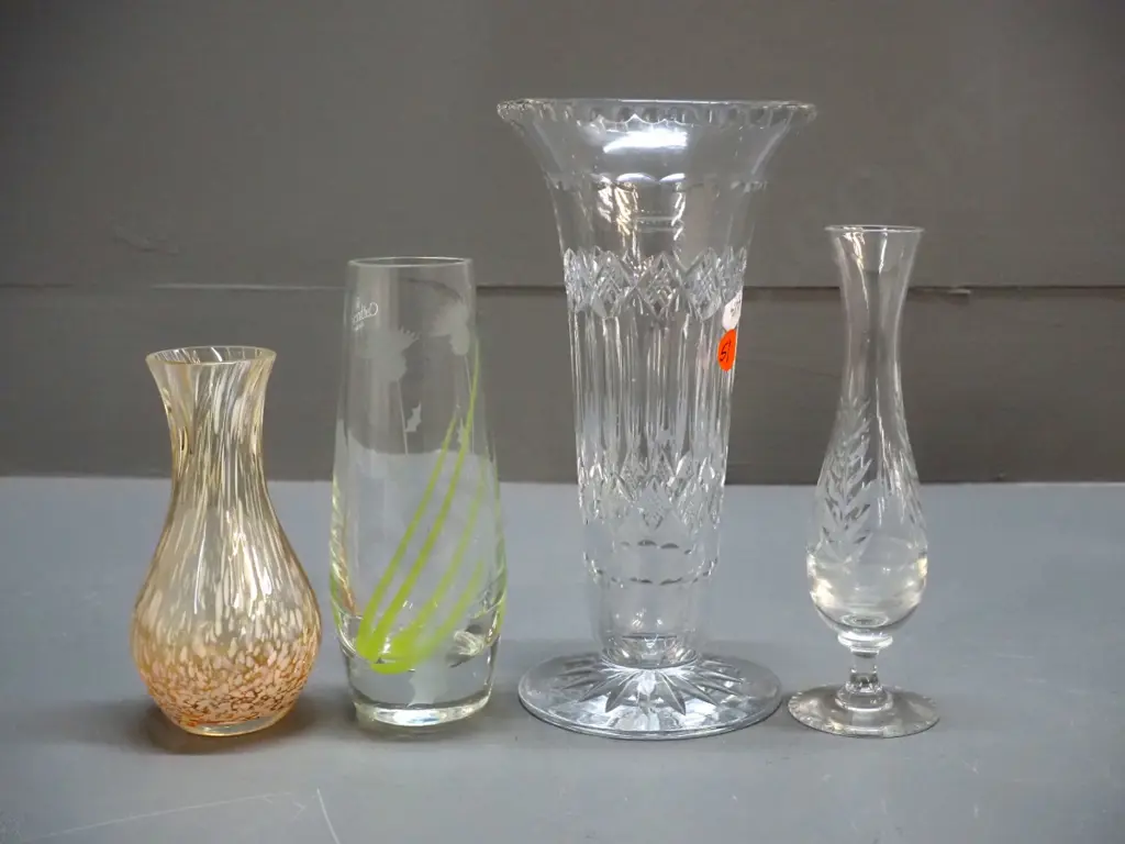 4 vases - 2 cut crystal, taller is H-200 and 2 glass - one is Caithness with green decoration, one unmarked Image 1++