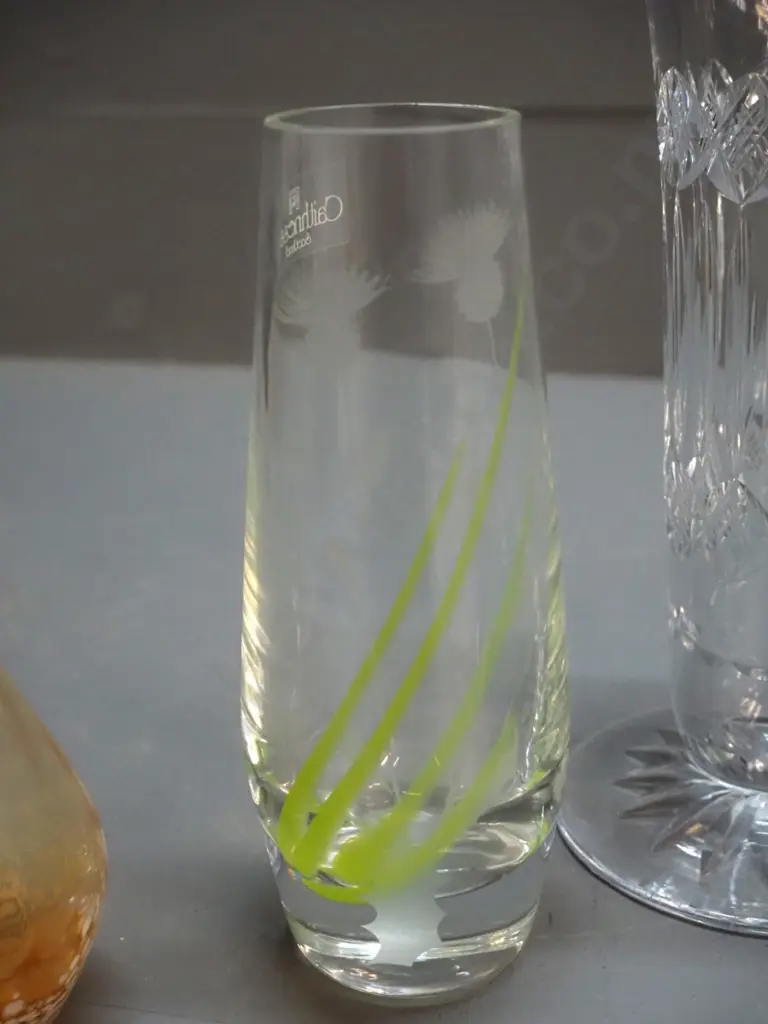 4 vases - 2 cut crystal, taller is H-200 and 2 glass - one is Caithness with green decoration, one unmarked Image 1++
