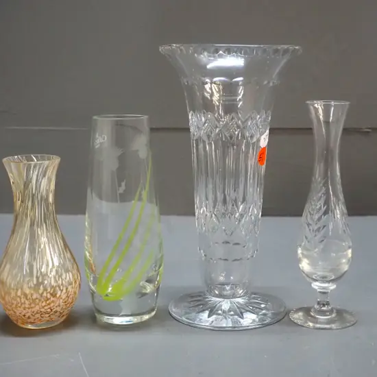 4 vases - 2 cut crystal, taller is H-200 and 2 glass - one is Caithness with green decoration, one unmarked