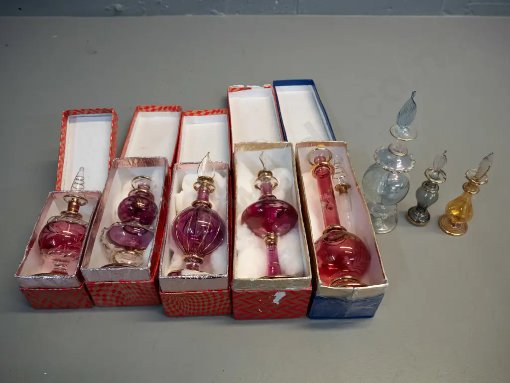 8 fine glass stoppered scent bottles, 5 in boxes marked Made in Egypt, tallest is H-240 Image 1++