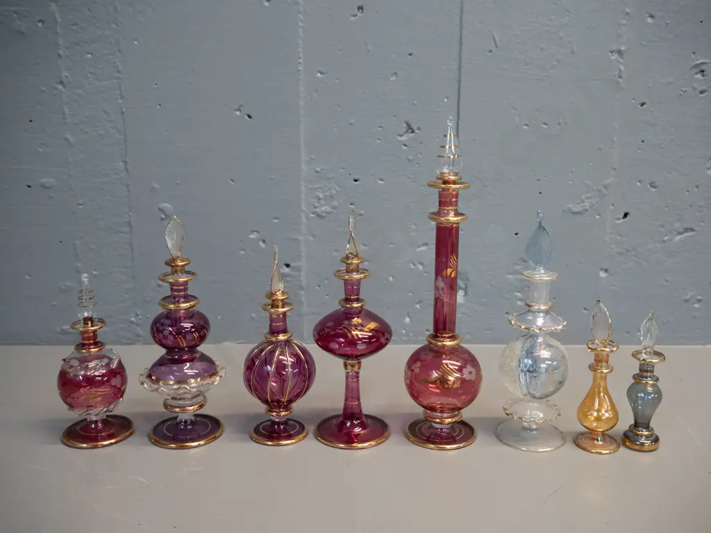 8 fine glass stoppered scent bottles, 5 in boxes marked Made in Egypt, tallest is H-240 Image 1++
