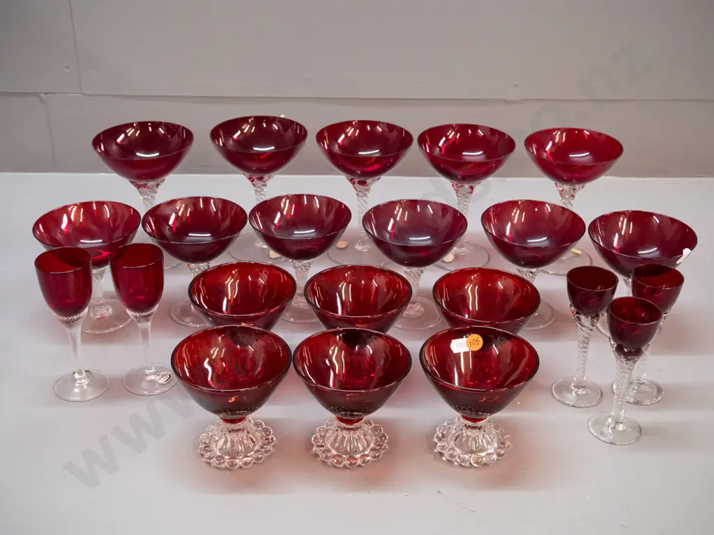 large assortment of clear-stemmed red glass items - 22 total, in 5 sizes, largest are H-140 D-110 Image 1++