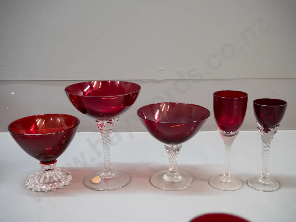 large assortment of clear-stemmed red glass items - 22 total, in 5 sizes, largest are H-140 D-110 Image 1++