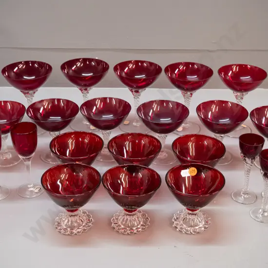 large assortment of clear-stemmed red glass items - 22 total, in 5 sizes, largest are H-140 D-110