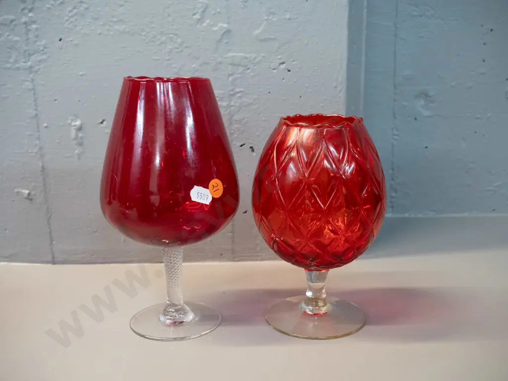 2 clear-stem ruby glass goblets - shorter one with relief pattern, other is H-210 Image 1++