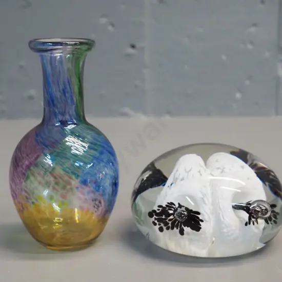 2 small Hokitika art glass items - multi-coloured swirl vase H-110 and a paperweight D-85