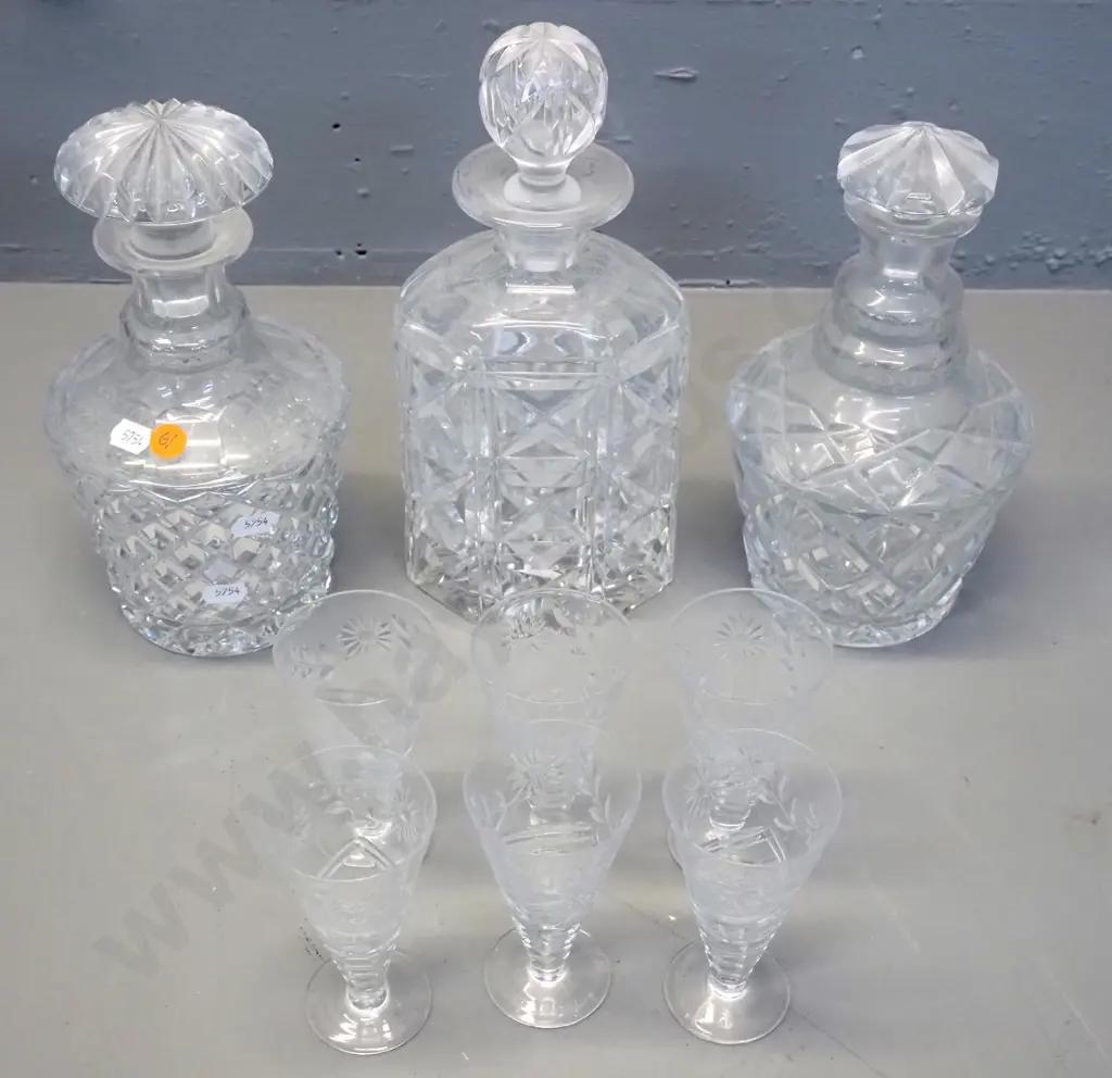 3 cut crystal stoppered decanters, largest is H-270, and a set of 6 sherry glasses Image 1++