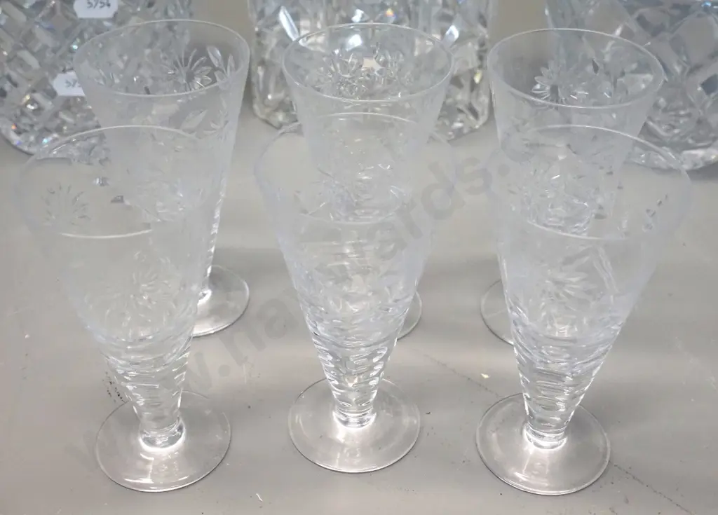 3 cut crystal stoppered decanters, largest is H-270, and a set of 6 sherry glasses Image 1++