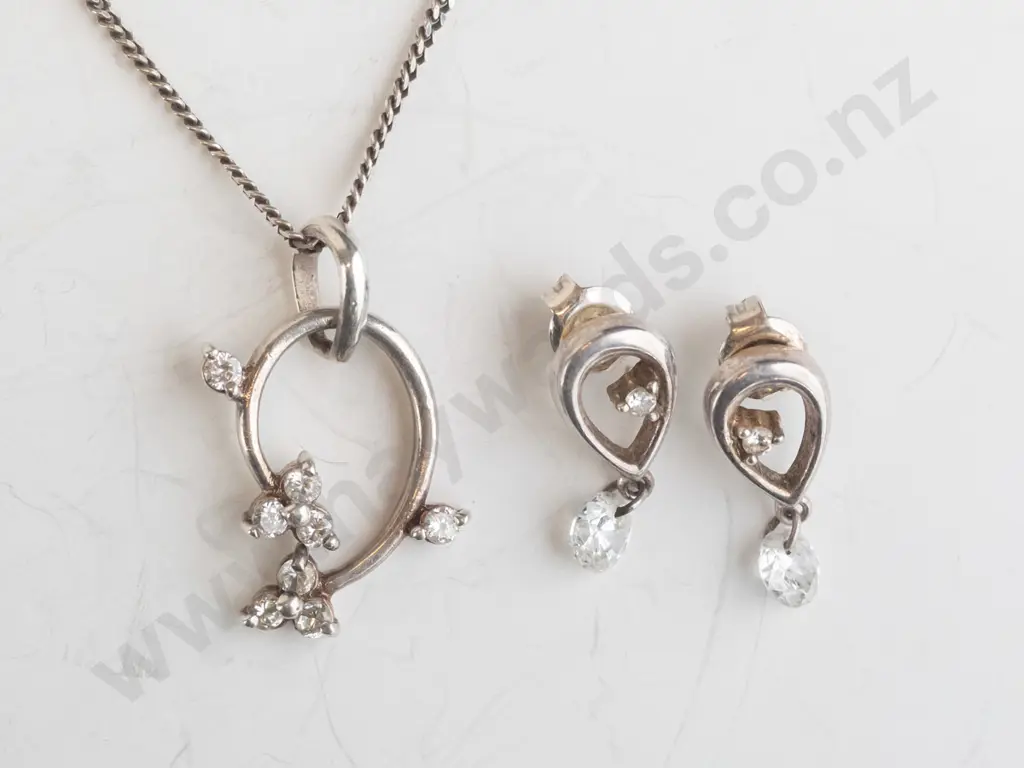 silver cz necklace & earrings stamped 925 Image 1++