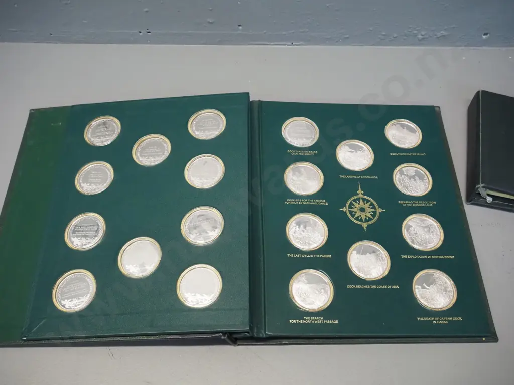 1977 Australian Voyages Of Captain James Cook Sterling Silver Proof Set in hard bound folio, with separate description Image 1++