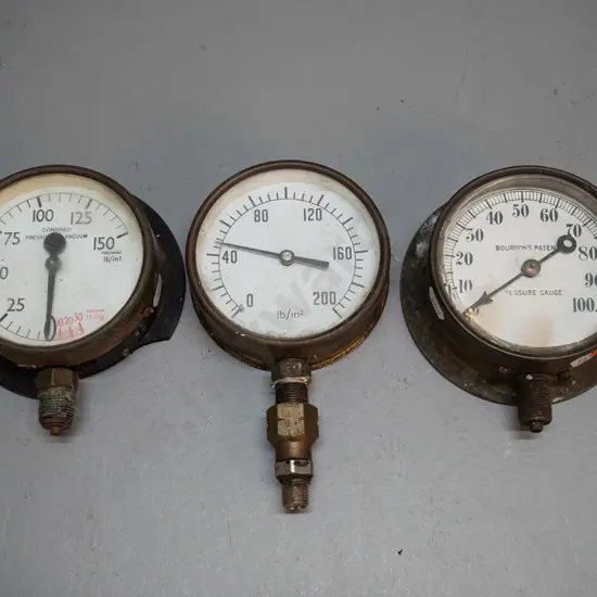 3 brass cased pressure gauges - one marked Bourdon's Patent, largest is D-120
