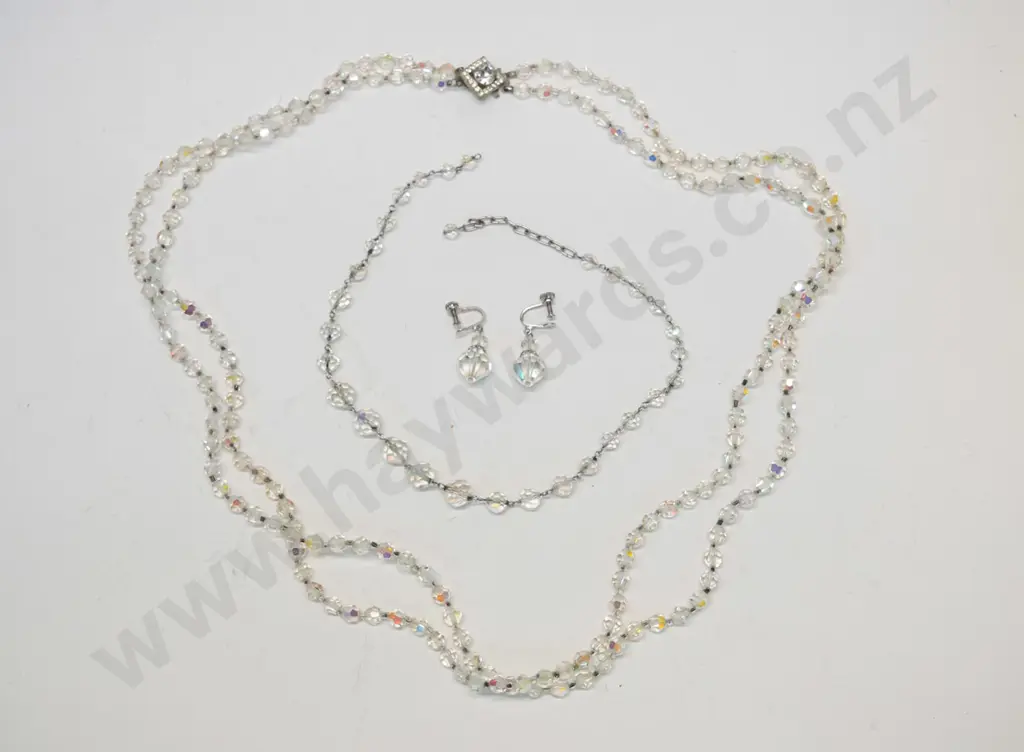 2 strand long crystal necklace. single strand short crystal necklace & pair of crystal earrings Image 1++
