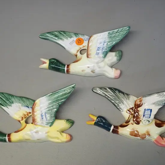 3 flying wall pocket ducks - marked Japan, one not matching others has repair - each approx. H-100 W-150