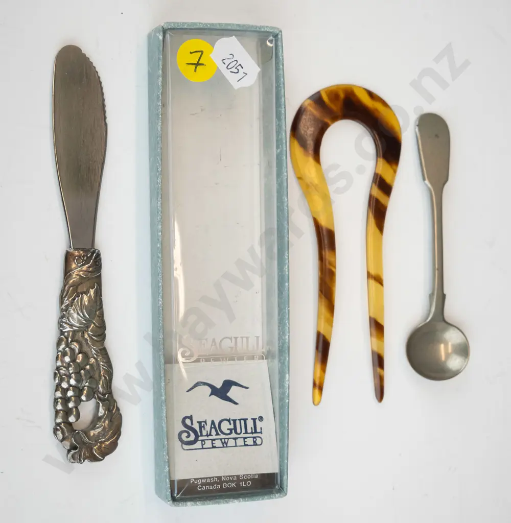 small spoon (stamped Potosi silver, bird, I, crown) boxed pewter letter opener & a tortoise-shell hair clip Image 1++
