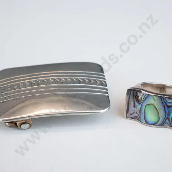 silver paua shell ring stamped 925 & silver buckle stamped Kee Nataani sterling