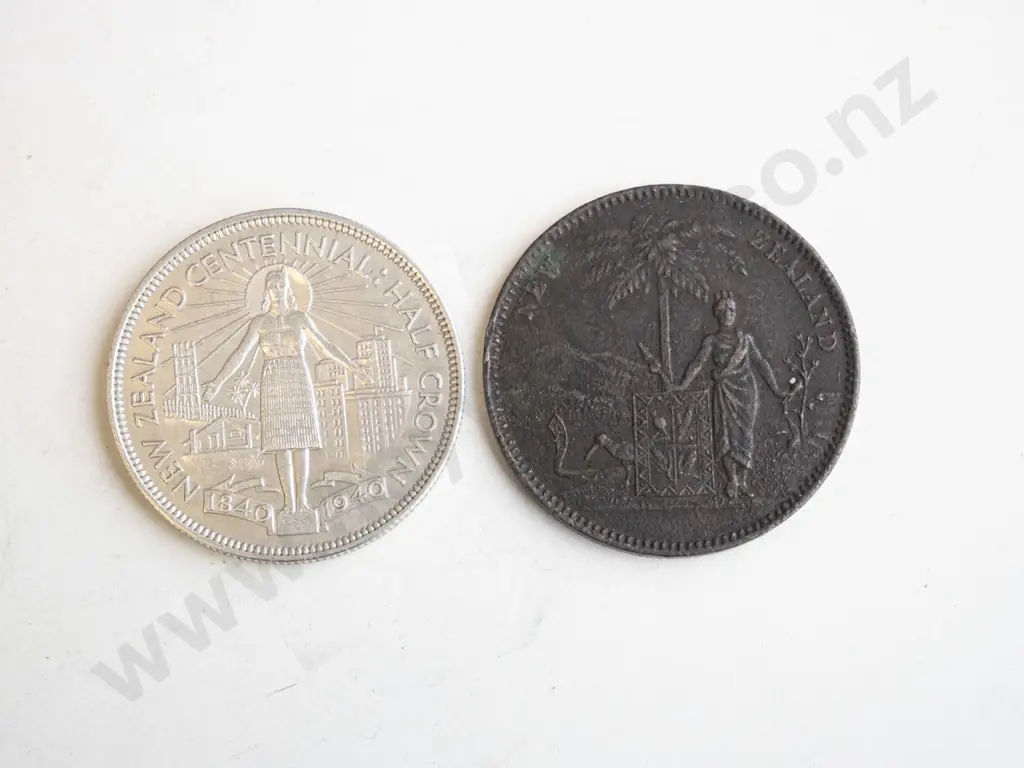 3 vintage New Zealand coins -   colonial era "Advance" penny token, 1940 Centennial half crown, 1953 coronation crown Image 1++