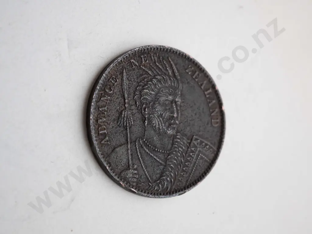 3 vintage New Zealand coins -   colonial era "Advance" penny token, 1940 Centennial half crown, 1953 coronation crown Image 1++