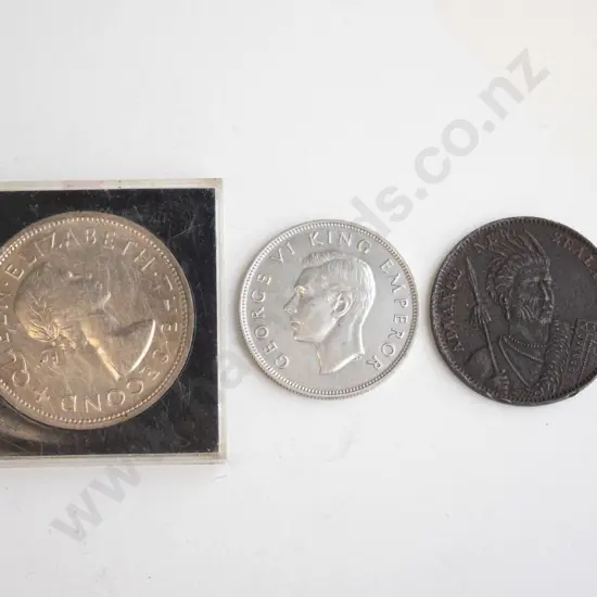 3 vintage New Zealand coins -   colonial era "Advance" penny token, 1940 Centennial half crown, 1953 coronation crown