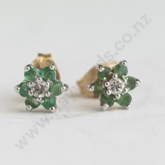 9ct gold pair of emerald and diamond cluster earrings