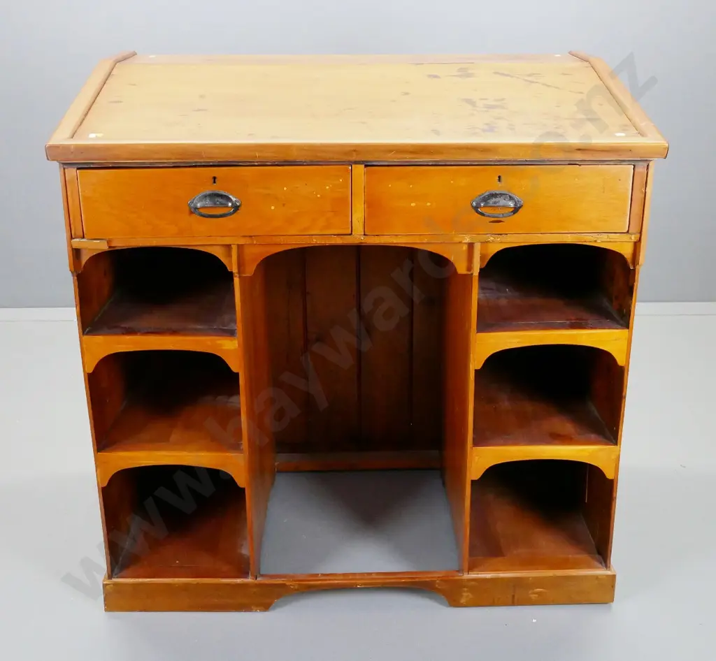 colonial kauri clerk's desk w/ 2 segmented drawers, 6 open shelves w/ kneehole centre - splits on sides, has been Image 1++