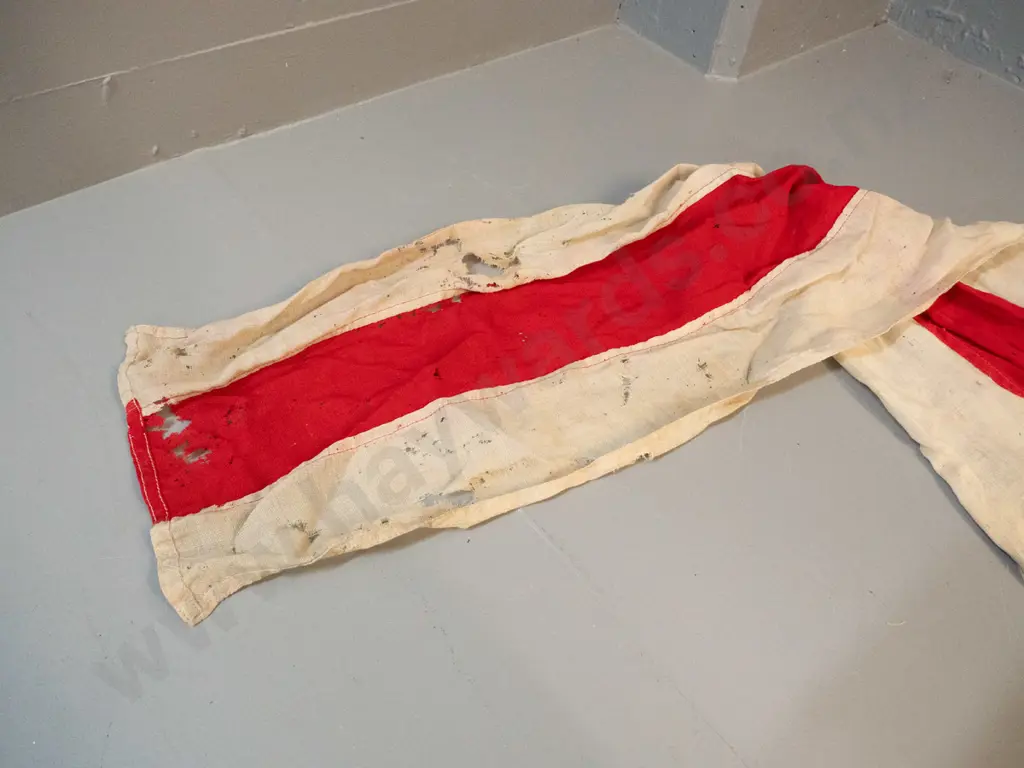 large pennant shaped maritime signal flag with rope and toggle - red cross on white, has wear and holes L-3800 Image 1++