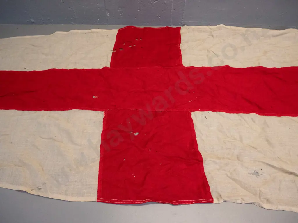 large pennant shaped maritime signal flag with rope and toggle - red cross on white, has wear and holes L-3800 Image 1++