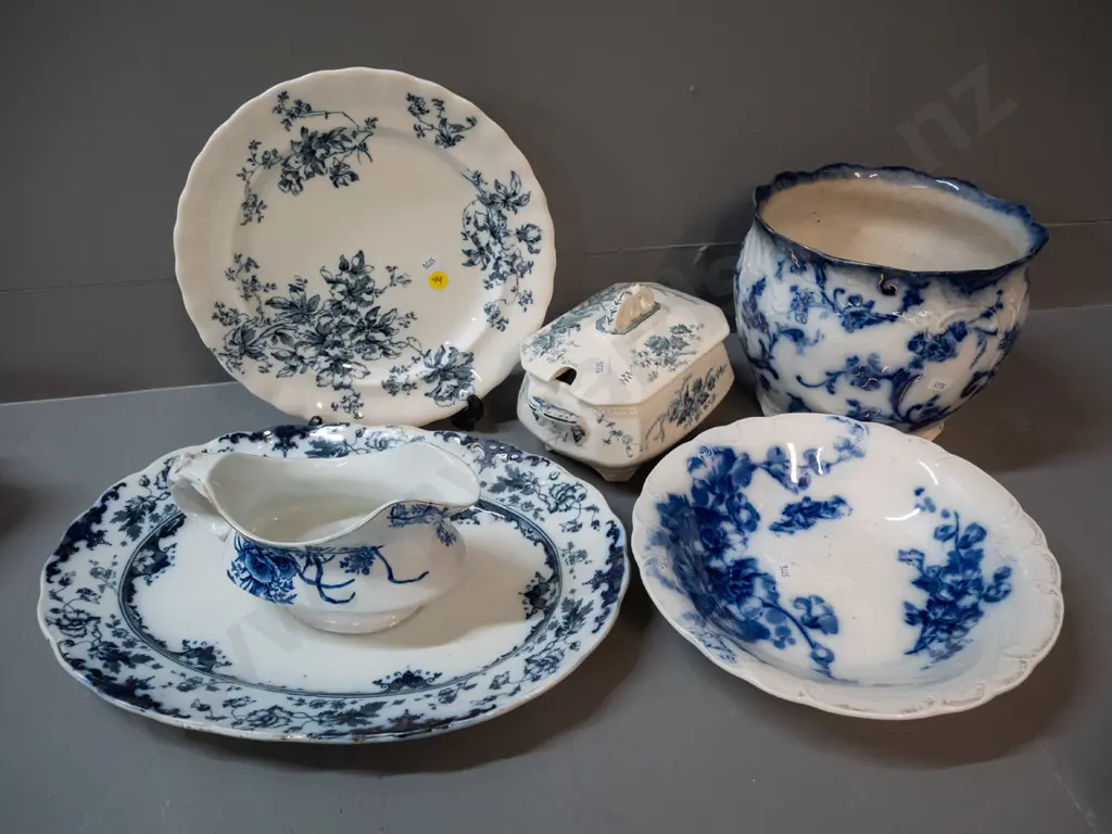 6 vintage flow blue and blue & white items - Leighton ashett, Ridgways Gainsborough jardiniere, Trentham Late Mayers Image 1++