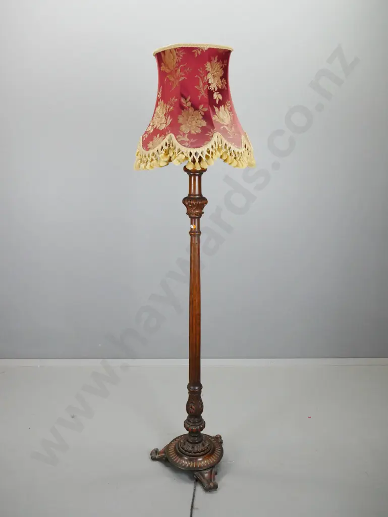 vintage carved timber standard lamp with fluted stem, carved acanthus motifs, on 3 scrolling feet with tasselled floral Image 1++