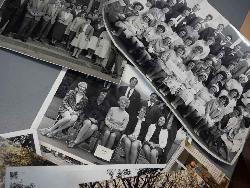 timber box containing numerous photographs incl. 1967 Dunback School Jubilee panorama, various school photos from Green Image 1++